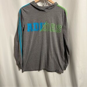 Adidas Boys Gray Hooded Long Sleeve Shirt with Blue and Green Accents Size 14/16